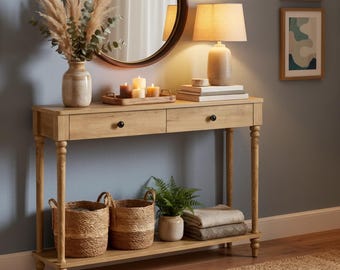 Mid-Century Modern Console Table, Turned-Column Legs, Storage Drawers, Open Shelf (39" W)