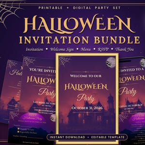 Könnte beinhalten: Ein druckbares Halloween-Einladungsset mit sieben Teilen, das einen violett-orangen Farbverlauf, die Silhouette eines Spukhauses, Spinnweben und einen Vollmond zeigt. Der Text umfasst Halloween Invitation Bundle, Welcome to our Halloween Party und October 31, 2026.