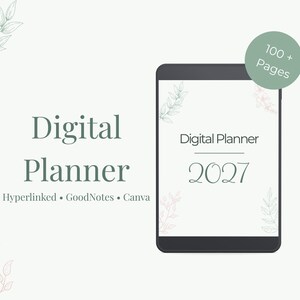 Könnte beinhalten: Ein digitaler Planer für 2027 auf einem Tablet-Bildschirm mit weißem Hintergrund, salbeigrüner Schrift und zarten Blattillustrationen. Der Bildschirm zeigt den Text Digital Planner 2027, Hyperlinked, GoodNotes, Canva und ein 100+ Pages Abzeichen.