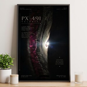 May include: A framed vertical poster titled PX-491 VELARIS featuring a dark, textured, cratered surface with a bright light source on the right. The text includes NASA Deep Space Observation, coordinates, and descriptive phrases about a distant world.