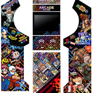 Puede incluir: Un kit gráfico para mueble de arcade vertical con fondo negro, patrones geométricos de neón coloridos y varias ilustraciones de personajes de videojuegos clásicos como Sonic, Mario, Donkey Kong y Link con logotipos.