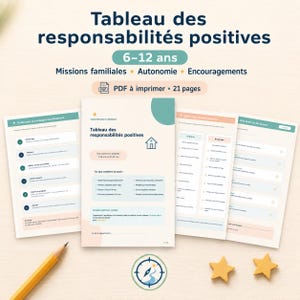 Peut inclure: Un ensemble de documents PDF imprimables intitulé Tableau des responsabilités positives pour les 6-12 ans, comprenant des tableaux de tâches familiales, des guides d'autonomie et des suivis d'encouragements avec un crayon et deux étoiles.