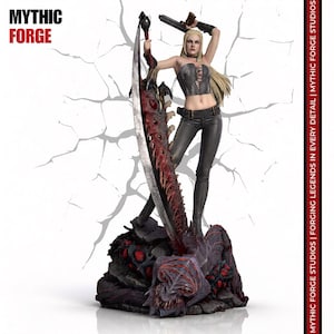 May include: A collectible figurine of a blonde character wearing a grey lace-up corset and black pants, holding a large curved blade and a handgun. The figure stands on a dark, textured base with red accents. Text reads MYTHIC FORGE.
