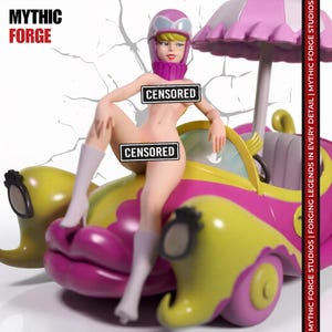 May include: A figurine of a character wearing a pink helmet and white boots, sitting on a pink and yellow car with a parasol. The text MYTHIC FORGE is visible in the top left, and MYTHIC FORGE STUDIOS | FORGING LEGENDS IN EVERY DETAIL is on the right.