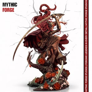 May include: A detailed figurine of a warrior with long red hair, wearing armor and a cape, wielding a large curved blade. The figure stands on a base decorated with red flowers and branches. Text reads MYTHIC FORGE and MYTHIC FORGE STUDIOS.
