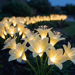 May include: A cluster of solar-powered garden lights shaped like cream-colored lily flowers. Each flower features a central bundle of illuminated fiber optic filaments that emit a warm white glow, with thin green stems supporting the blooms.