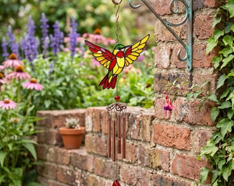 Sino de Vento Beija-flor, Decoração de Pássaro para Pendurar em Estilo Vitral, Sinos Coloridos para Jardim Externo, Presente para Amantes de Beija-flor, Decoração para Varanda e Pátio