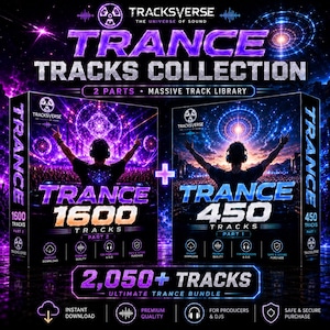 Puede incluir: Un paquete de productos digitales titulado Tracksverse Trance Tracks Collection que presenta dos cajas etiquetadas como Trance 1600 Tracks Part 2 y Trance 450 Tracks Part 1. El gráfico muestra a un DJ con los brazos levantados, iluminación de neón y 2.050+ Tracks.