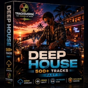 May include: A rectangular product box for Deep House 500+ Tracks Part 1. The cover features a DJ at a mixing console by a pool at sunset, with the text Tracksverse The Universe of Sound, Deep House, and various icons for instant download.