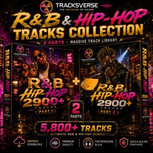 Op de afbeelding: Een digitaal muziekpakket getiteld R&B & Hip-Hop Tracks Collection met twee delen van elk meer dan 2900 nummers, in totaal meer dan 5800 nummers. De afbeelding toont twee boxsets met stedelijke beelden, gouden en roze tekst en diverse iconen.