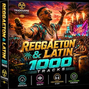 Puede incluir: Una caja de producto cuadrada para Reggaeton & Latin 1000 Tracks de Tracksverse. La portada muestra a un artista con micrófono, gafas de sol y cadenas de oro frente a un concierto en la playa al atardecer. El texto dice "Reggaeton & Latin 1000 Tracks".