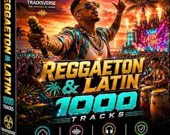 Puede incluir: Una caja de producto cuadrada para Reggaeton & Latin 1000 Tracks de Tracksverse. La portada muestra a un artista con micrófono, gafas de sol y cadenas de oro frente a un concierto en la playa al atardecer. El texto dice "Reggaeton & Latin 1000 Tracks".