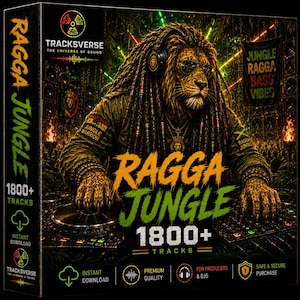 May include: A square box featuring a lion with dreadlocks wearing headphones and sunglasses, DJing at a console. The text reads Tracksverse, Ragga Jungle, 1800+ Tracks, Jungle Warrior, and Jungle Ragga Bass Vibes, with green and orange accents.