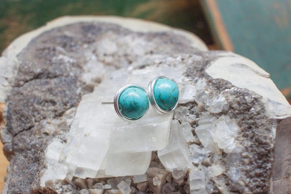 Turquoise Stud Earrings Sterling Silver Wire Wrapped Etsy