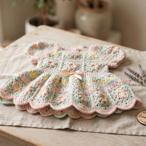 May include: A handmade crochet dress featuring a pastel granny square pattern in shades of pink, yellow, and mint green. The dress has short sleeves, a scalloped hem, and a small peach-colored ribbon bow at the waist. A wooden tag reads Handmade by Luna Knits.