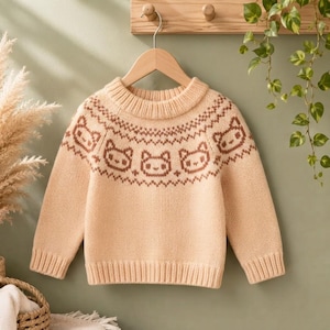 Könnte beinhalten: Ein beigefarbener, langärmeliger Strickpullover mit Rundhalsausschnitt und einem braunen Fair-Isle-Muster an der Passe. Das Muster besteht aus einer wiederkehrenden Reihe stilisierter Katzengesichter mit spitzen Ohren und einfachen Gesichtszügen.