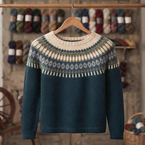 Könnte beinhalten: Ein dunkel-petrolfarbener Langarmpullover mit Rundhalsausschnitt und einer Passe, die mit einem mehrfarbigen geometrischen Muster in Creme, Salbeigrün und Blau verziert ist. Der Pullover hat einen gerippten Kragen, Bündchen und Saum.