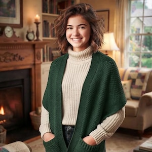 May include: A dark green sleeveless knit cardigan with a textured pattern and two front pockets, worn over a cream-coloured ribbed turtleneck sweater with long sleeves. The cardigan features an open front design and a thick ribbed hem.