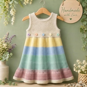 Può includere: Un abito in maglia senza maniche con corpetto testurizzato color crema e gonna a righe orizzontali giallo pastello, azzurro, verde menta e rosa antico. La vita è impreziosita da cinque piccoli bottoni rotondi multicolori.