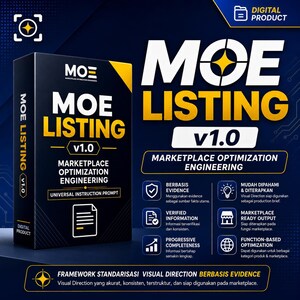 May include: A digital product box labeled MOE LISTING v1.0 Marketplace Optimization Engineering. The dark blue and yellow graphic features text, icons, and a list of features including Berbasis Evidence, Verified Information, and Progressive Completeness.