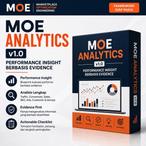 Könnte beinhalten: Eine rechteckige Produktbox für MOE Analytics v1.0 in Dunkelblau und Orange. Die Box zeigt einen Laptop-Bildschirm mit Datendiagrammen, den Text MOE ANALYTICS sowie eine Liste von Funktionen wie Performance Insight und Evidence First.