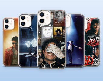 May include: Five clear smartphone cases featuring various photographic prints of Michael Jackson. The designs include portraits, stage performances, and collage-style layouts with musical interface elements, all displayed on a light blue background.