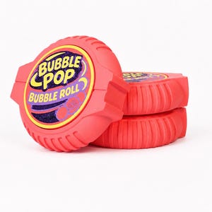 May include: Three round, red plastic containers of Bubble Pop Bubble Roll gum. Each container features a circular label with yellow text reading BUBBLE POP and BUBBLE ROLL against a dark purple, glittery background with red bubble graphics.