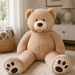 Könnte beinhalten: Ein großer Plüschteddybär mit hellbraunem Fell, einer cremefarbenen Schnauze und einer dunkelbraunen Nase. Der Bär hat ein breites Lächeln mit offenem Mund, runde Ohren und cremefarbene Tatzen an den Füßen mit je drei dunkelbraunen Zehen.