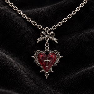Könnte beinhalten: Eine silberfarbene Halskette mit einem Anhänger aus einem durchscheinenden roten Herz, einem zentralen silbernen Kreuz und einer dekorativen Schleife. Das Herz ist von filigranen silbernen Metallverzierungen mit Dornen und Blumen umgeben.