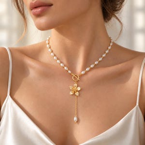 Pearl-Style Flower Y Necklace with Toggle Clasp, Gift for Her