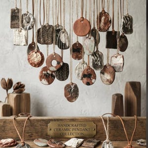 60 Bulk Handmade Ceramic Pendants for Jewelry Making, DIY Earthy Clay Charms, Rustic Artisan Pottery Pendant Set for Necklaces