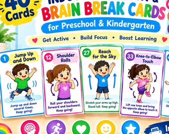 May include: A set of 40 indoor movement and brain break cards for preschool and kindergarten. The cards feature colourful illustrations of children performing physical activities like jumping, shoulder rolls, reaching, and body shaking.