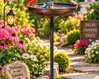 Antique Bronze Bird Bath & Feeder, 35 Inch Outdoor Garden Decor (5-Prong Base)