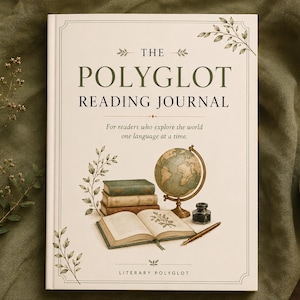 May include: A hardcover book titled The Polyglot Reading Journal with a cream cover featuring a stack of books, an open book, a globe, an inkwell, and a pen. The text reads The Polyglot Reading Journal, For readers who explore the world one language at a time, and Literary Polyglot.