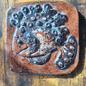 Könnte beinhalten: Eine quadratische Keramikfliese mit einem erhabenen Reliefdesign eines Fisches. Das Stück ist mit einer glänzenden, gesprenkelten braunen Glasur versehen, wobei dunkle, metallisch wirkende Akzente die Schuppen, Flossen und kreisförmigen Texturen.