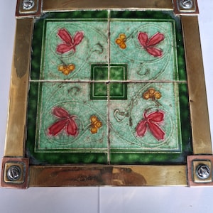 Antique Art Nouveau Ceramic Tile Trivet c.1900, Majolica 4-Tile Panel Table Mat, Brass and Copper Framed Tea Teapot Stand, Art Nouveau Decor