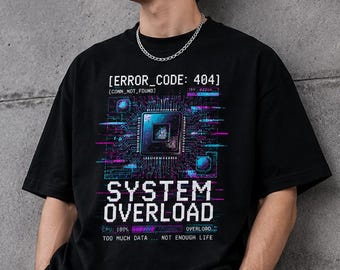 Cyberpunk Graphic T-Shirt Men Women, System Overload Techwear Tee, Oversized Streetwear Top, Glitch Aesthetic Shirt