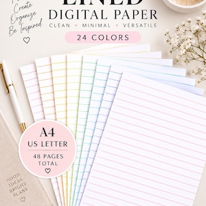 Puede incluir: Una pila de papel digital rayado en 24 colores con el texto LINED DIGITAL PAPER, CLEAN MINIMAL VERSATILE, 24 COLORS, A4 US LETTER, 48 PAGES TOTAL, Plan Create Organize Be Inspired, GOOD IDEAS BRIGHT PLANS, PRINTABLE DIGITAL INSTANT DOWNLOAD.