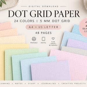 Op de afbeelding: Digitale download van dot grid papier met 24 kleuren en een raster van 5 mm. De set bevat 48 pagina's in A4 en US Letter formaten. De tekst op de afbeelding luidt: DIGITAL DOWNLOAD, DOT GRID PAPER, 24 COLORS, 5 MM DOT GRID, A4 + US LETTER.