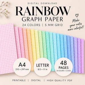 May include: Digital download of rainbow graph paper featuring 24 colors and a 5 mm grid. Includes 48 pages in A4 (210 x 297 mm) and Letter (8.5 x 11 in) sizes. Text reads: DIGITAL DOWNLOAD, RAINBOW GRAPH PAPER, 24 COLORS, 5 MM GRID, PRINTABLE, DIGITAL, HIGH QUALITY PDF.