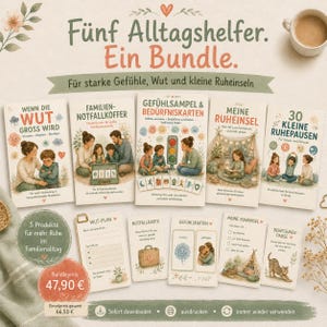 May include: A digital bundle of five educational resources featuring illustrated cards and activity sheets for children. The set includes titles like WENN DIE WUT GROSS WIRD, FAMILIEN-NOTFALLKOFFER, GEFÜHLSAMPEL & BEDÜRFNISKARTEN, MEINE RUHEINSEL, and 30 KLEINE RUHEPAUSEN.