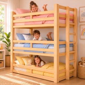 May include: A triple-tier bunk bed frame constructed from light-colored natural wood, featuring vertical support posts, integrated side ladders, and safety rails on each level, designed to accommodate three separate sleeping platforms.