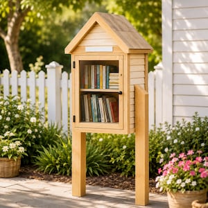 May include: A light-colored wooden outdoor book exchange box featuring a gabled roof, a glass-fronted door with a black knob, and two interior shelves filled with various books. The structure is supported by two vertical wooden posts.