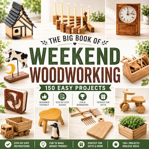 Può includere: Una copertina di libro intitolata The Big Book of Weekend Woodworking 150 Easy Projects che mostra un collage di oggetti in legno tra cui una casetta per uccelli, un portacandele, un orologio, una banderuola a forma di mucca e un camioncino.