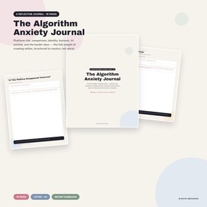 Peut inclure: Le journal de réflexion The Algorithm Anxiety Journal compte 18 pages avec une couverture crème et du texte noir. Il comprend des pages intérieures avec des invites telles que If This Platform Disappeared Tomorrow et de l'espace pour écrire.