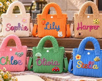 Personalized Kids Crossbody Bag Custom Name Corduroy Toddler Purse Crochet Flowers Gift