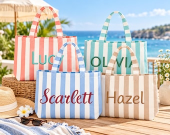 Personalized Striped Canvas Tote Bag with Embroidered Name, Gift For Her