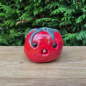 May include: A round, glossy red ceramic tomato figurine featuring a grey stem top, two black circular eyes, and a small open mouth with a single visible white tooth. The object has a smooth, reflective surface and a rounded, bulbous shape.