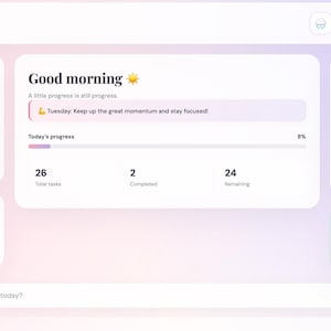 May include: A digital dashboard interface featuring a light purple and pink gradient background. It includes sections for Quick Notes, a Good morning greeting, an August 2026 calendar, task progress bars, and an Excel Hub download button for CSV files.