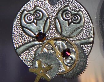 Surgical Steel Earrings- Steampunk “Punky Owls”, Watch Gears w/*Aurora Borealis Cabernet Crystals
